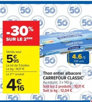 Thon entier albacore CARREFOUR CLASSIC' Au naturel