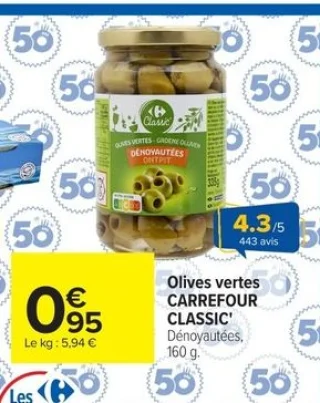 Olives vertes CARREFOUR CLASSIC' Dénoyautées