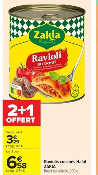 Raviolis cuisinés Halal ZAKIA Bœuf ou Volaille 2+1