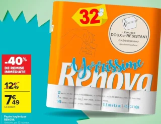 Papier hygiénique RENOVA Yorissime, par 32 rouleaux