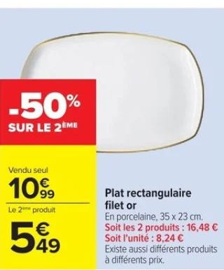 Plat rectangulaire filet or