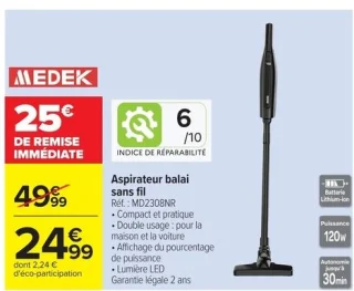 Aspirateur balai sans fil Medek MD2308NR