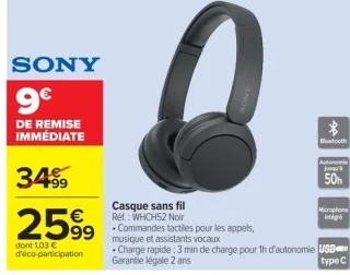 Casque sans fil SONY WHCH52 Noir