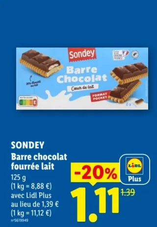 SONDEY Barre chocolat fourrée lait