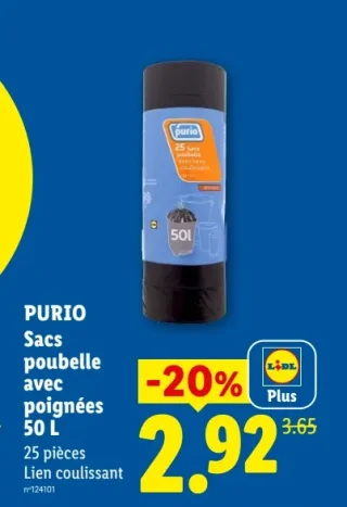Purio Sacs poubelle avec poignées 50 L