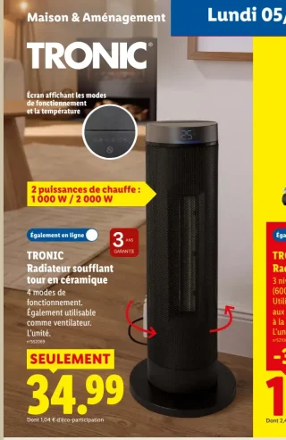 TRONIC Radiateur soufflant tour en céramique