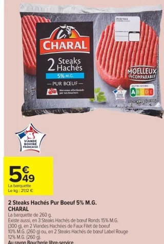 2 Steaks hachés pur bœuf 5% M.G. Charal