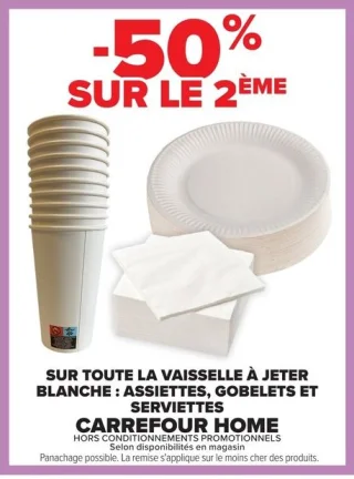 Vaisselle à jeter blanche : assiettes, gobelets et serviettes CARREFOUR HOME