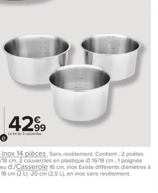 Lot de 3 casseroles Ø 16 cm (1,5 L) - 18 cm (2 L) - 20 cm (2,5 L), en inox sans revêtement