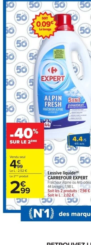 Lessive liquide CARREFOUR EXPERT Fraîcheur Alpine ou Anti-odeur