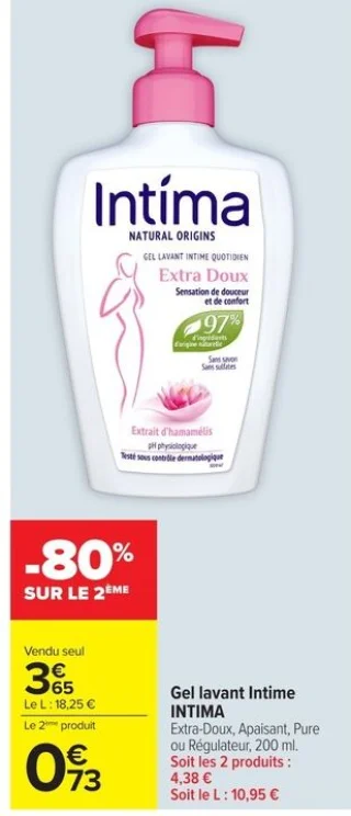 Gel lavant Intime INTIMA Extra-Doux, Apaisant, Pure ou Régulateur