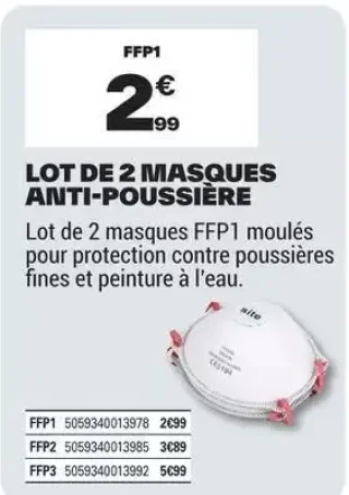 Lot de 2 Masques Anti-Poussière FFP1