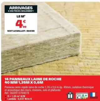 14 Panneaux laine de roche 40 mm 1,35m x 0,6m