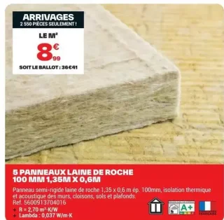 5 Panneaux laine de roche 100 mm 1,35m x 0,6m