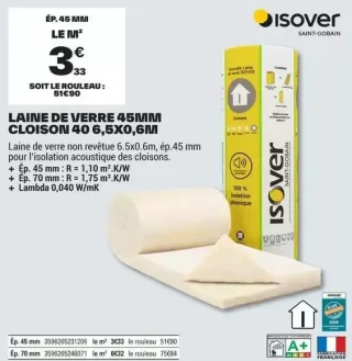 Laine de verre 45mm cloison 40 6,5x0,6m Isover