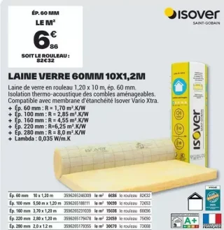 Laine verre 60mm 10x1,2m Isover