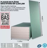 Plaque de plâtre BA13 HYDRO NF 2,5X1,2M Planodis