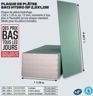 Plaque de plâtre BA13 HYDRO NF 2,5X1,2M Planodis