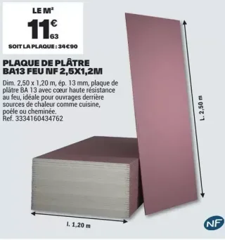 Plaque de plâtre BA13 FEU NF 2,5X1,2M Planodis