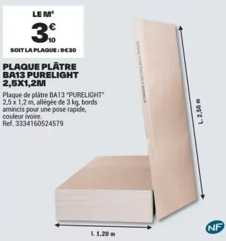 Plaque de plâtre BA13 PURELIGHT 2,5X1,2M Planodis