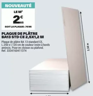 Plaque de plâtre BA13 STD CE 2,5X1,2 M Planodis