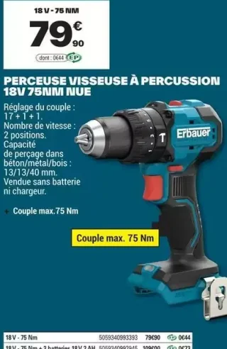 Perceuse visseuse à percussion Erbauer 18V 75Nm nue