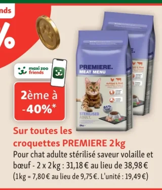 Croquettes PREMIERE Pour chat adulte stérilisé saveur volaille et bœuf