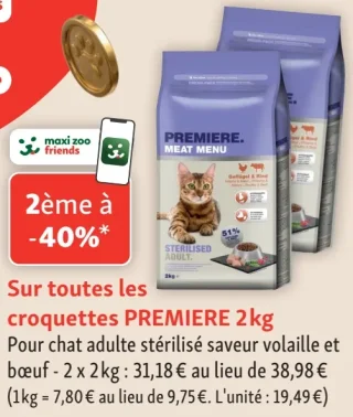 Croquettes PREMIERE 2kg Pour chat adulte stérilisé saveur volaille et bœuf
