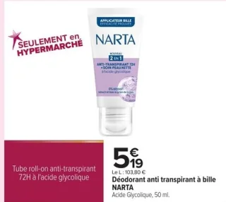 Déodorant anti transpirant à bille NARTA Acide Glycolique, 50 ml.