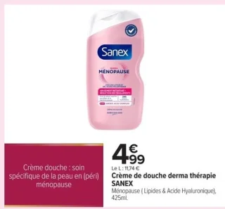 Crème de douche derma thérapie SANEX Ménopause (Lipides & Acide Hyaluronique), 425ml.