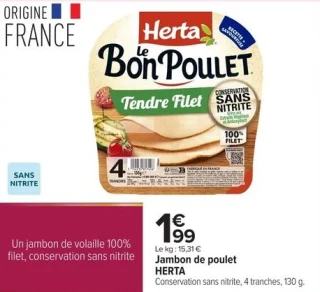 Jambon de poulet HERTA Conservation sans nitrite, 4 tranches