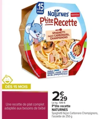 Naturnes P'tite Recette Spaghetti façon Carbonara, Champignons