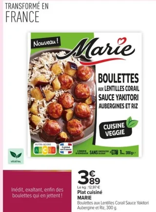 Plat cuisiné Marie Boulettes aux Lentilles Corail Sauce Yakitori Aubergine et Riz