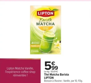 Thé Matcha Barista LIPTON Boisson à l'Avoine : Vanille, par 10, 113g