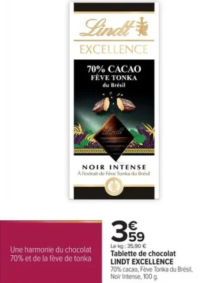 Tablette de chocolat LINDT EXCELLENCE 70% cacao, Fève Tonka du Brésil, Noir Intense