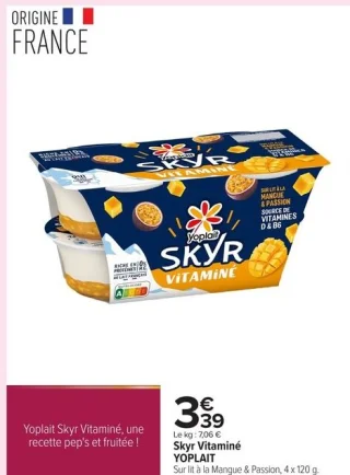 Skyr Vitaminé YOPLAIT Sur lit à la Mangue & Passion, 4 x 120 g.