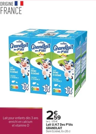 Lait U.H.T Des P'tits GRANDLAIT Demi Ecrémé, 6 x 20 cl