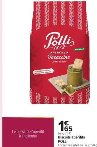 Biscuits apéritifs POLLI Focaccine Cuites au Four, 150 g.