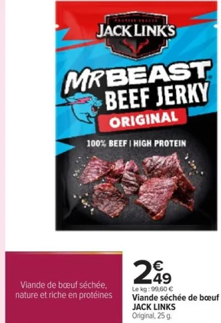 Viande séchée de bœuf JACK LINKS Original, 25 g.