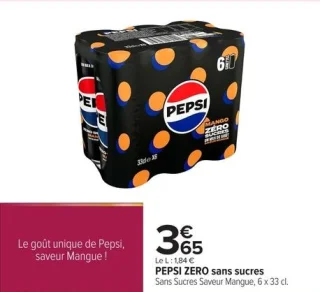 PEPSI ZERO sans sucres Sans Sucres Saveur Mangue, 6 x 33 cl.