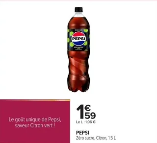 PEPSI Zéro sucre, Citron, 1.5 L