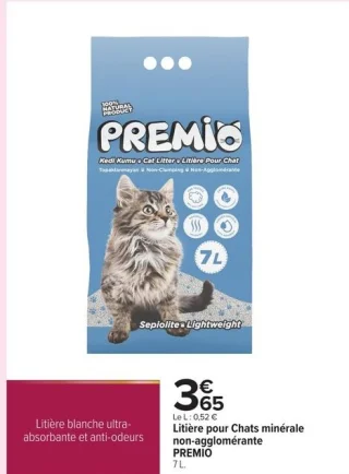 Litière pour Chats minérale non-agglomérante PREMIO 7 L