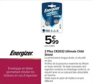 2 Piles CR2032 Ultimate Child Shield Energizer