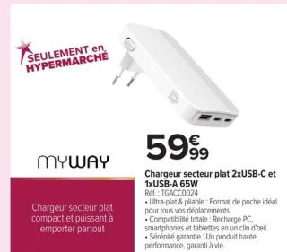 Chargeur secteur plat 2xUSB-C et 1xUSB-A 65W MyWay