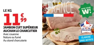 Jambon cuit supérieur avec couenne Nature ou fumé Auchan le Charcutier
