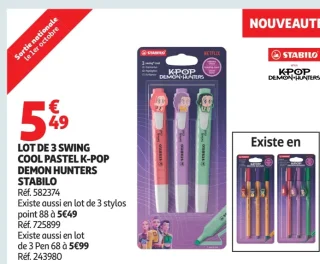 LOT DE 3 SWING COOL PASTEL K-POP DEMON HUNTERS STABILO