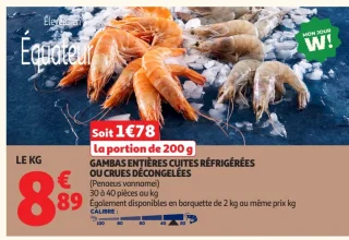Gambas entières cuites réfrigérées ou crues décongelées