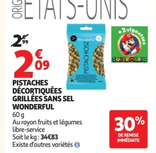 PISTACHES DÉCORTIQUÉES GRILLÉES SANS SEL WONDERFUL