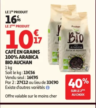 CAFÉ EN GRAINS 100% ARABICA BIO AUCHAN