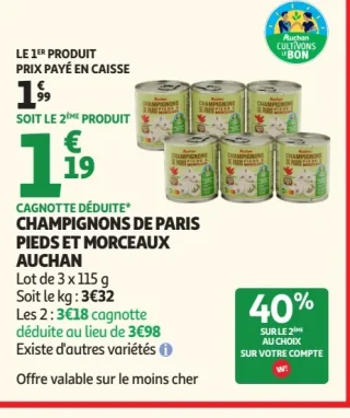 Champignons de Paris pieds et morceaux Auchan